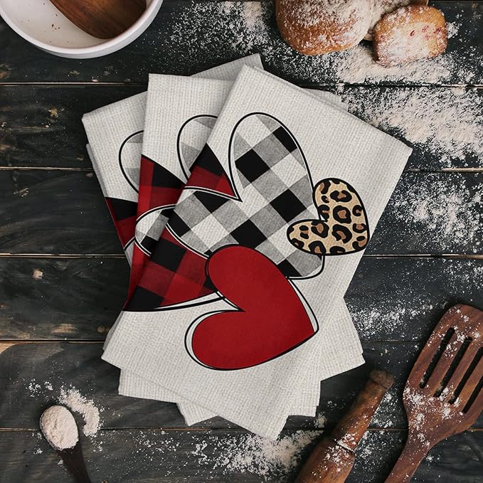 Kitchen Towels,Microfiber Cleaning Cloths, Valentine's Day Love Heart Red Black Buffalo Plaid Soft Dish Towels for Kitchen, Pack of 2 Absorbent Reusable Dish Towels,Tea Towels,Bar Towels,18x28 Inch - Image 2