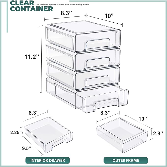 Sorbus Clear Stackable Storage Drawers with Handles (Medium, 4 Pack) - Image 3