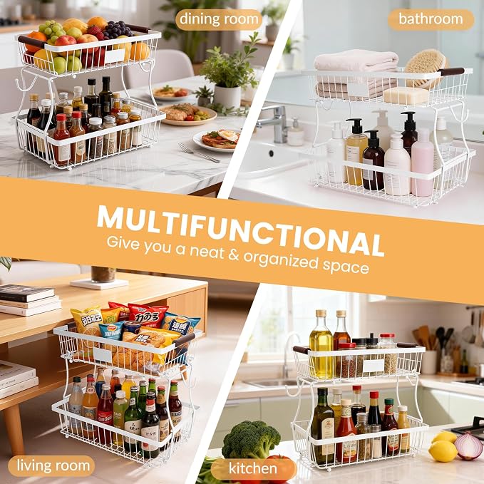 2-Tier Stackable Wire Basket with 2 Banana Hooks, Pantry Organizer for Kitchen Countertops, Cabinets & Under-Sink Spaces; Ideal for Storing Snacks, Fruits, Veggies, Onions, Potatoes, & More，White - Image 3