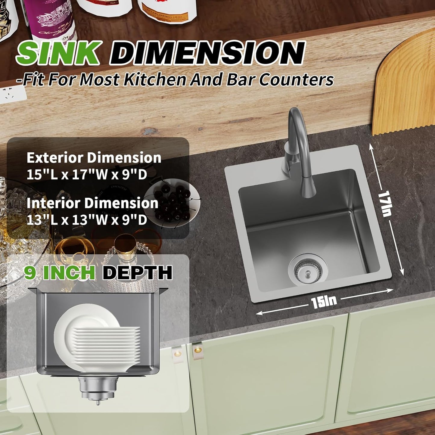 Kitchen And Bar Sink, 15x17 Inch Stainless Steel Drop In Kitchen Sink Modern Single Bowl Topmount Bar Sink Combo-Silicon Mat,Drain Strainer Set Compatibility With Various Kitchen & Bar Style