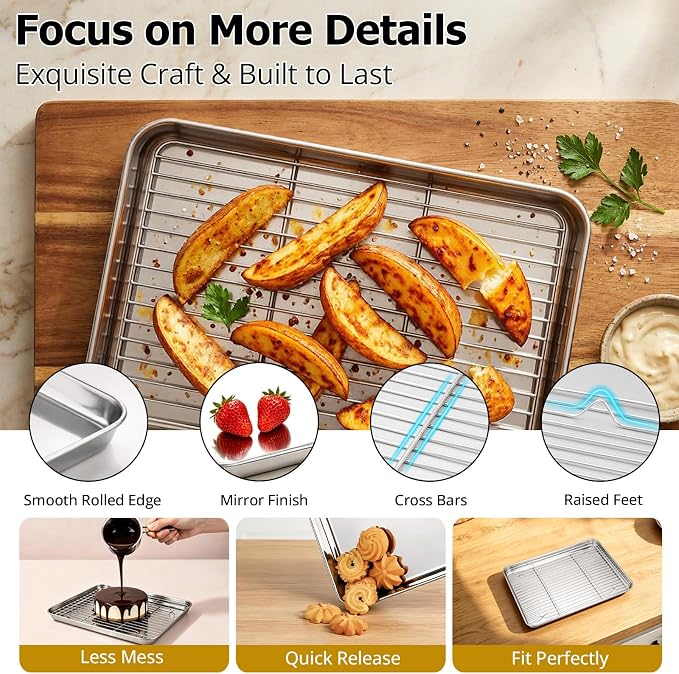 Onader Toaster Oven Tray and Rack Set, Stainless Steel Cookie Sheet Pan - Image 3