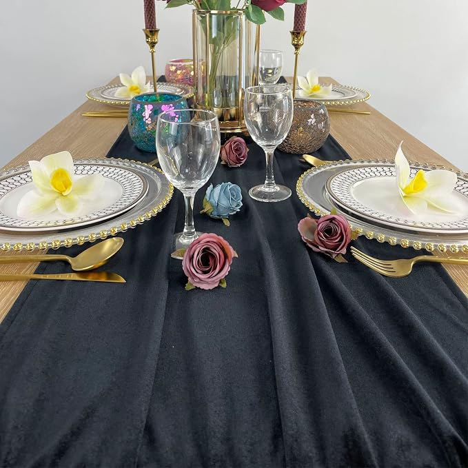 Luxurious Velvet Table Runner, 10ft Wedding Reception Decorations, 20x120inch Soft Velvet Fabric, Table Linen Overlay, Wedding Table Runners (Black, 20X120inch) - Image 7