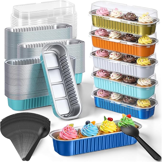Blushtier 540 Pcs Mini Loaf Pans with Lids and Spoons 6.8 oz Blue and Orange Rectangular Aluminum Foil Baking Pans Mini Cake Tins for Baby Shower Birthday Graduation Party Decoration by Blushtier