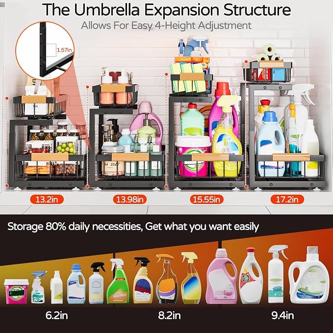 ADBIU Under Sink Organizer, 2 Pack 2 Tier Expandable Height (13.2" - 17.2") Pull out Kitchen Bathroom Cabinet Organizers and Storage Shelf - Image 4
