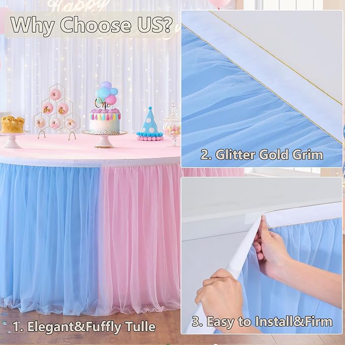 108in Blue Pink Tulle Table Skirts for Rectangle Tables 6/8/4ft, 2-Layer Gold Grim Ruffle Gender Reveal Tulle Tutu Cloth Table Skirt 9ft for Birthday Party Baby Shower Cake Dessert(No Table Cover) - Image 3
