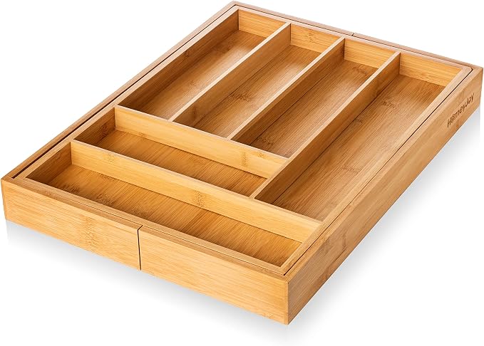 Bamboo Silverware Drawer Organizer - Expandable 100% Bamboo Cutlery Kitchen Drawer Organizer – Premium Wooden Utensil/Cutlery Tray for Kitchen Flatware Set– Eco-Friendly Silverware Organizer - Image 4