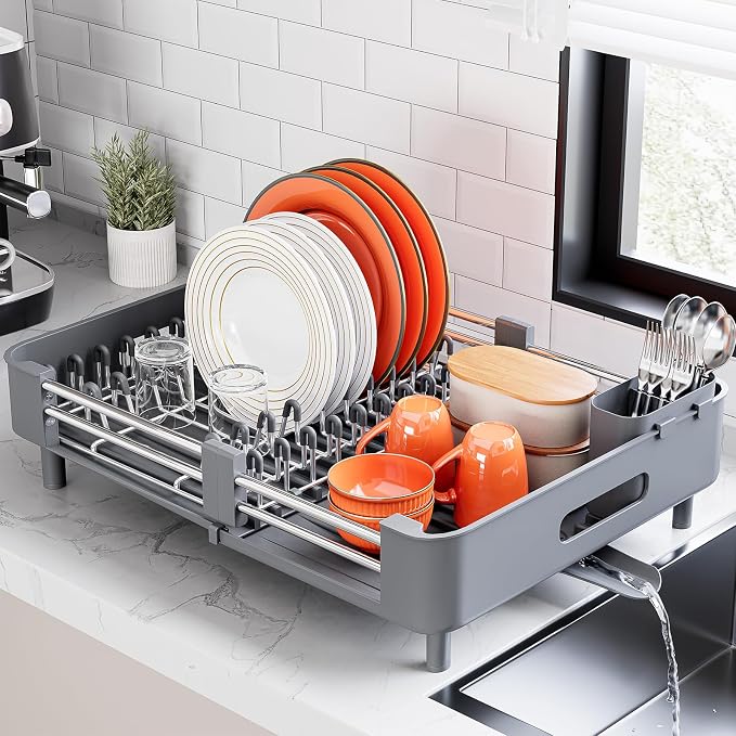 Urackify Extendable Stainless Dish Drying Rack for Kitchen Counter, Gray by Urackify