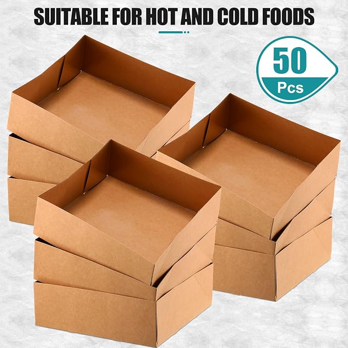 Teling 50 Pcs Kraft Paper Cardboard Food Trays Disposable Container, Brown - Image 2
