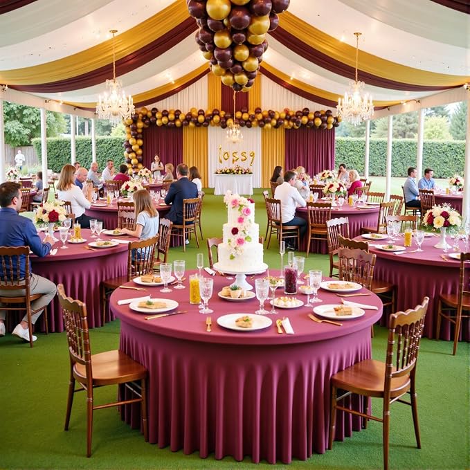 leegleri 6 Pack Spandex 72inch Burgundy Round Tablecloths, Stretchy 132inch Fitted 6FT Round Table Cloths, Wrinkle Free Table Cover with Skirt for Wedding Birthday Party Bridal Shower Banquet - Image 5