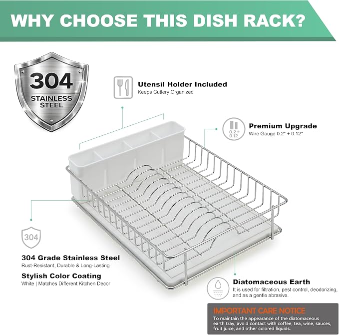 SunnyPoint 304 Stainless Steel Compact Dish Drying Rack, 15.3"x11.6", Diatomaceous Earth Drainboard, Removable Utensil Caddy, Space-Saving Countertop Design (Silvery-Grey) - Image 4