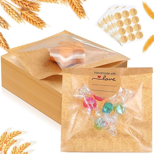 Outus 100 Pcs Cookie Packaging Bags with Seal, 3 x 3 Inch, Brown | Bakery Pastry Bags with Window, Heat Sealable Grease Resistant Paper to Go Bake Sleeves for Gift Giving Donut Bread Sandwich by Outus