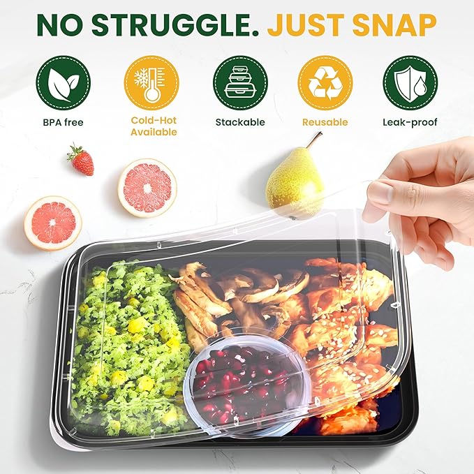 32oz Meal Prep Containers [50-Pack], Reusable Bento Box with Easy-Snap Leakproof Lids - Microwave, Dishwasher & Freezer Safe Food Storage, BPA-Free Plastic Lunch Containers (Black) - Image 5