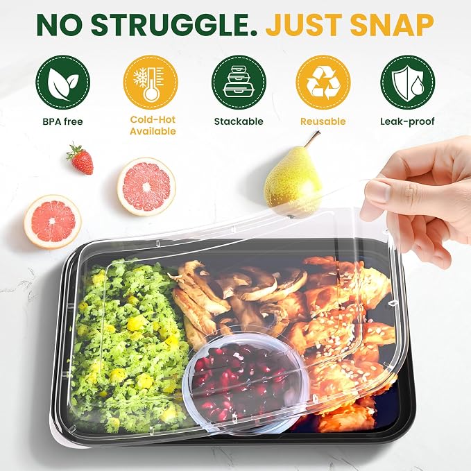 20 Pack 28oz Meal Prep Containers Reusable with Easy Open Lids, Sturdy Leakproof Food Safe, To Go Take Out Plastic Food Storage Containers with Lids, Microwave Freezer Dishwasher Safe, Black - Image 4