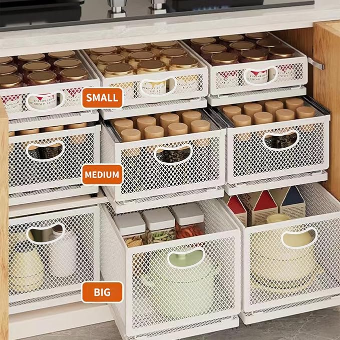 Sliding Cabinet Basket Organizer Drawer Self Adhesive Slide out Pantry Shelves Heavy Duty Carbon Steel Slide Cabinet Storage Basket with Handle for Bathroom Kitchen Home - Image 5