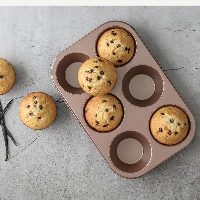 HAPPIELS 6 Cup Jumbo Muffin Pan Nonstick, PFOA & BPA Free | | Non-Toxic - High Carbon Steel - Gold - Large Cupcake Tin for Oven Baking - Image 9