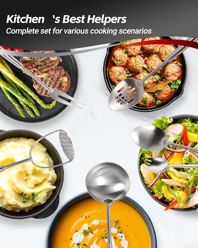 304 Stainless Steel Kitchen Utensils Set, 15PCS All Metal Cooking Tools Set with Whisk, Turner, Tongs, Ladle & Masher, Heavy Duty Dishwasher Safe Kitchen Gadget Set for Home & Professional Cooking - Image 9