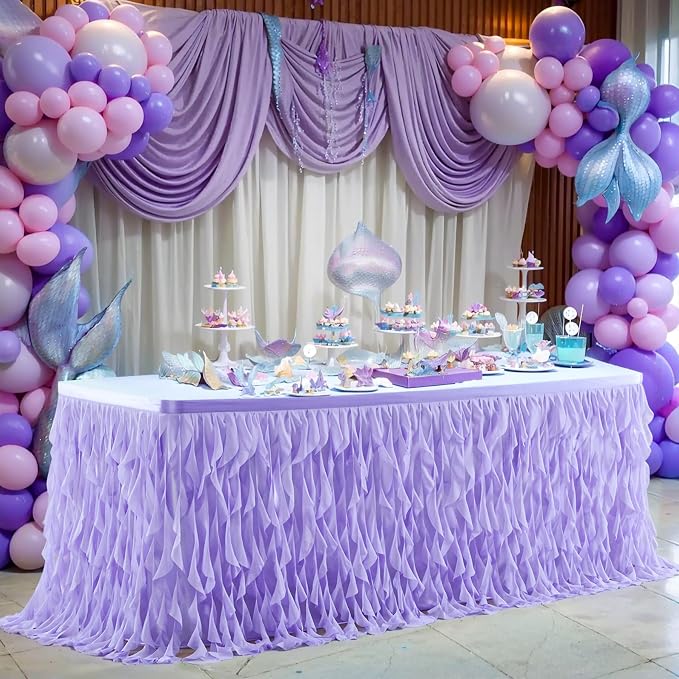 Partisky Lavender Purple Tulle Curly Willow Table Skirt for Rectangle Table 9ft, Ruffle Tutu Table Cloth for Girls Boys Baby Shower,Mermaid Birthday Party by Partisky