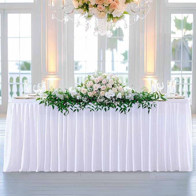 Wish Care White Polyester Table Clothes for 8 Foot Rectangle Tables, Wrinkle Free Fitted Table Cover with Pleated Ruffle Table Skirt for Birthday Party Wedding Trade Show Event Display - Image 6