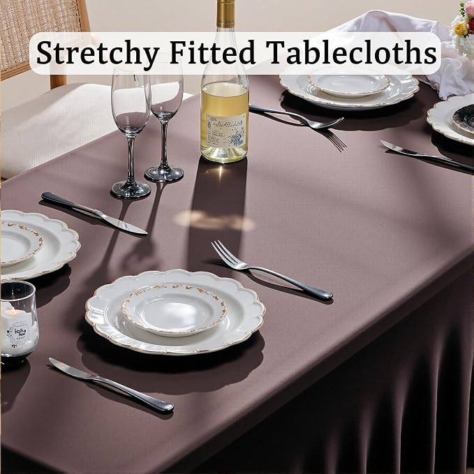 4 Pack Brown Spandex Tablecloths for 6 Foot Rectangle Tables, Wrinkle Free Stretchy Table Cloths 6ft Fitted Table Cover DeskSkirt for Weddings Birthday Party Banquet Baby Shower - Image 2