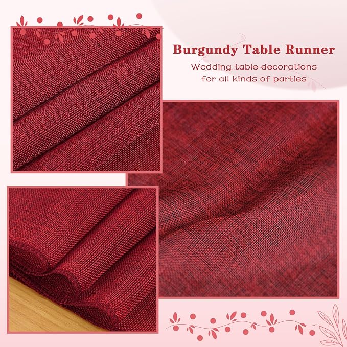 6 Pack Burgundy Farmhouse Table Runners Burlap Roll 13x84 inch - Image 4