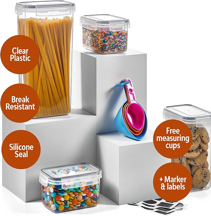 24 Pack Airtight Food Storage Container Set - BPA Free Clear Plastic Kitchen and Pantry Organization Canisters with Durable Lids for Cereal, Dry Food Flour & Sugar - Labels, Marker & Spoon Set - Image 3