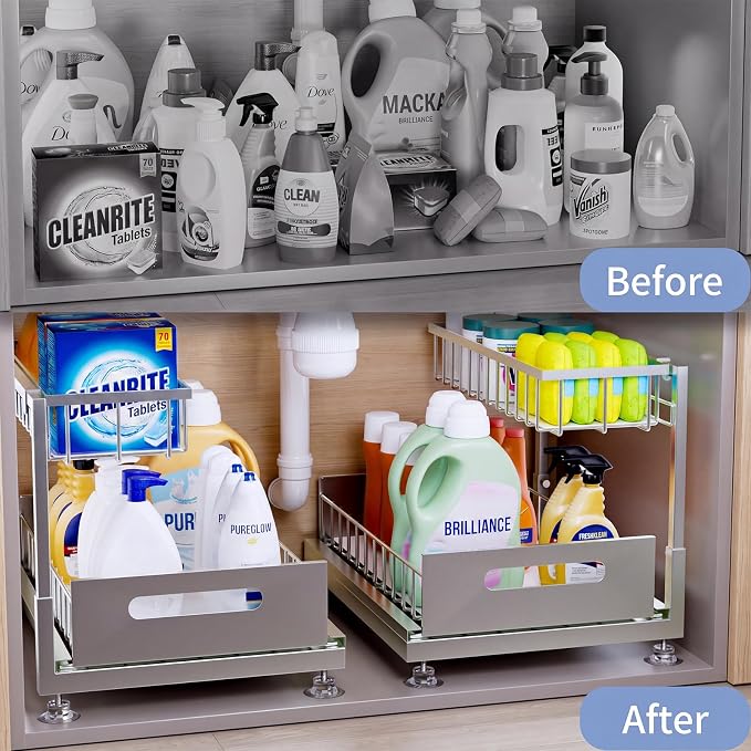 Saydear L-Shaped Under Sink Organizer, 2-Tier Pull-out Cabinet Rack 1-Pack - Image 2