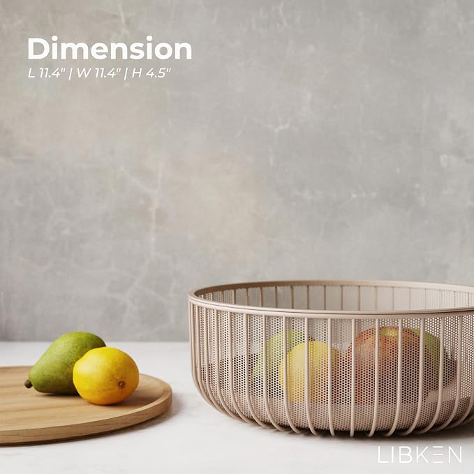LIBKEN Metal Fruit Bowl Basket with Wooden Lid - Fruit and Vegetable Holder For Kitchen Counter - Countertop Display Baskets Organizer - Bowl Storage for Veggie, Fruits, Snack, and Banana - Peach - Image 3