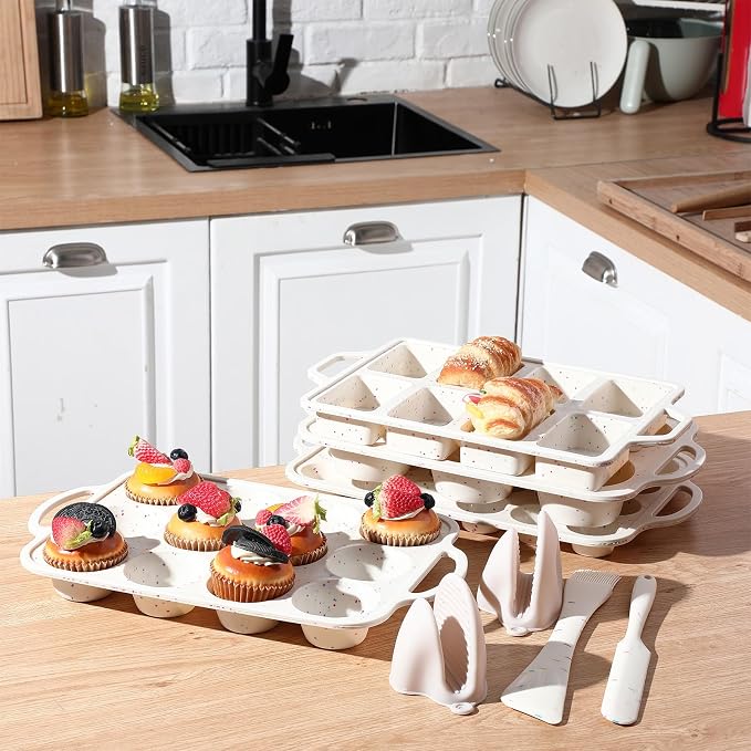 7 Pcs Silicone Baking Pan Set Nonstick Bakeware Set Include Loaf Muffin Mini Muffin and Round Pan, Spatula, Dual-head Pastry Brush Oven Mitts for Cupcakes Brownies Bread, Confetti Design - Image 7