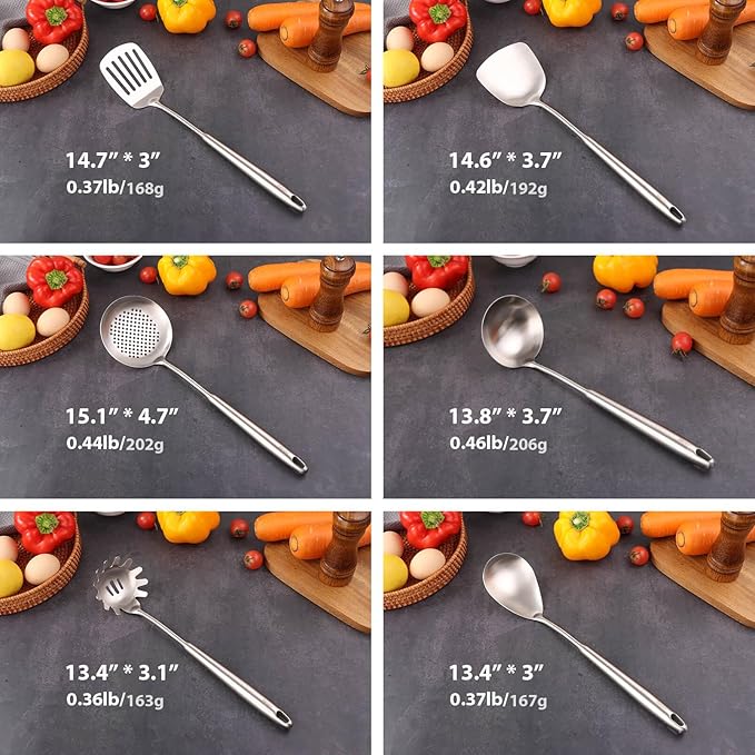 6 PCS All Metal Cooking Utensils Set - 18/10 Stainless Steel Kitchen Tools | Professional Cooking Spoons Set, 15" Spatula, Ladle, Skimmer Spoon, Pasta Serve, Large Spoon, Slotted Spatula Turner - Image 2