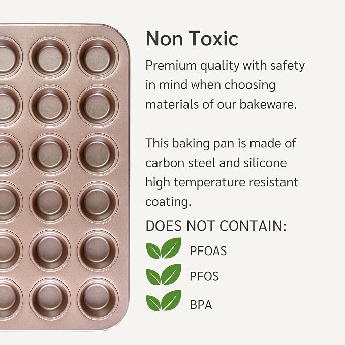 HAPPIELS 24 Cup Mini Muffin Pan Nonstick, PFOA & BPA Free | | Non-Toxic - High Carbon Steel - Gold - Small Cupcake Tin for Oven Baking - Image 4