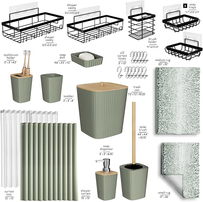 Clara Clark Bathroom Accessories Set - 27PC Bathroom Set with Adhesive Corner Shower Caddy Hanging, Bathroom Sets with Shower Curtain and Rugs, Ombre Sage Green Shower Curtain Set with Trash Can - Image 3