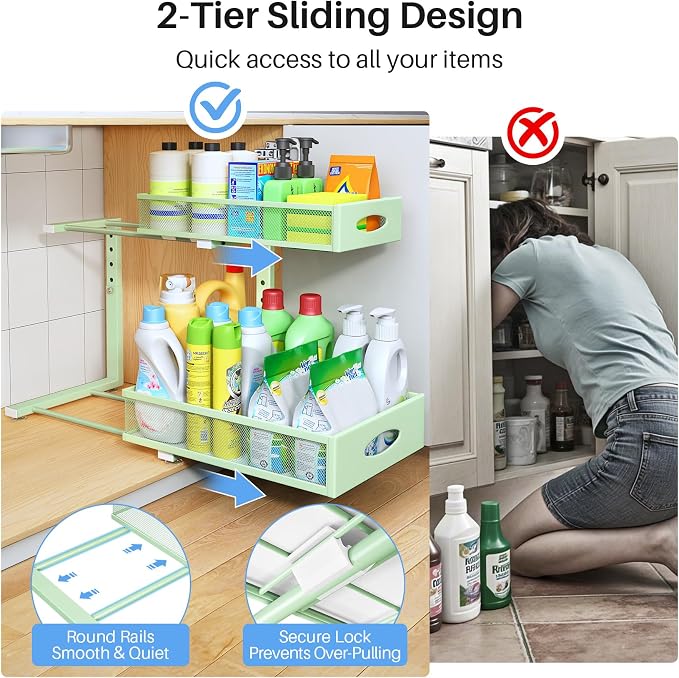 Under Sink Organizer, 2 Tier Pull Out Under Cabinet Organizer Shelf with Pad for Framed Cabinets, Metal Slide Out Under Sink Storage, Mesh Sliding Drawers for Kitchen Bathroom Laundry(Green, 1 Pack) - Image 4