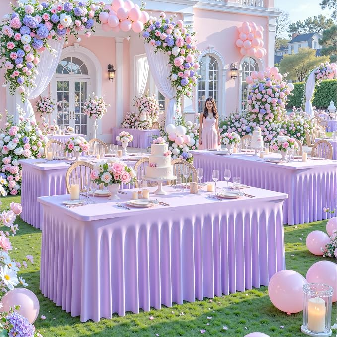 8 Pack Purple Table Cloth for 6 Foot Rectangle Tables Spandex Fitted Tablecloth 6ft Stretch Table Covers Skirt Purple Banquet Tablecloths Wrinkle Free Tablecloth for Party Wedding Birthday Event - Image 2
