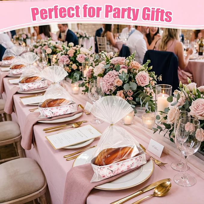 Hushee 50 Sets Pink Blossom Paper Loaf Pans with Bags, 6.3x2.2x2.2" Disposable Mini Bread Baking Molds, Floral Cake Liners for Baby Shower Wedding Birthday Spring Gifts - Image 6