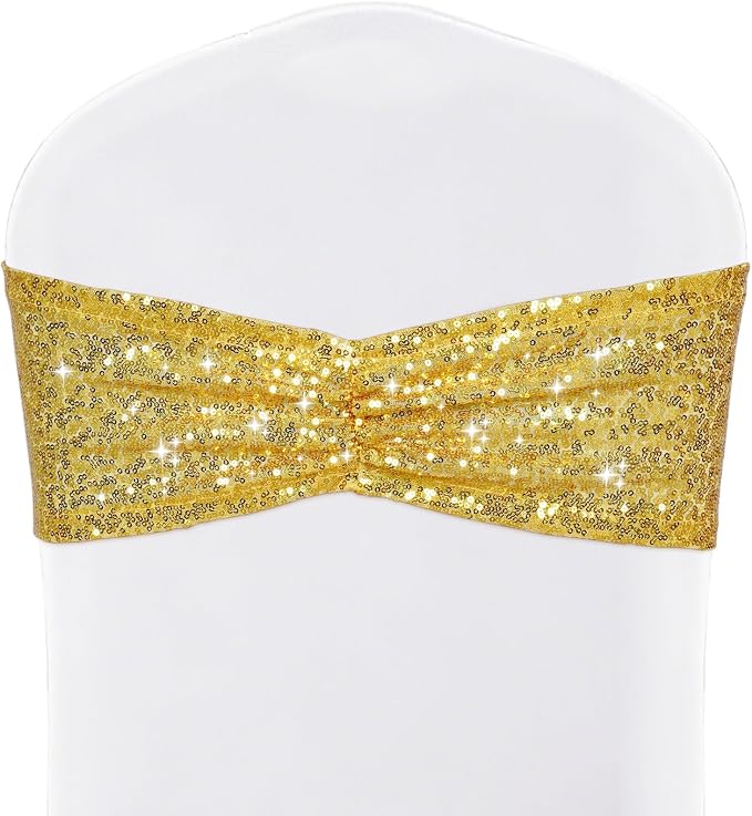 SquarePie Pack of 20 Sequin Chair Sashes Glitter Gold Bows Bands for Wedding Banquet Party Decor by SquarePie