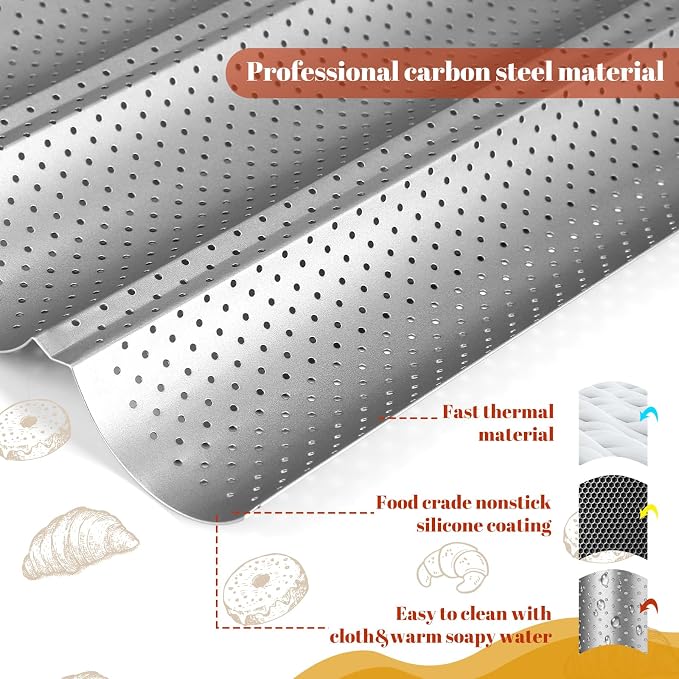 Mifoci 6 Pcs Baguette Bread Pan Nonstick Perforated Baguette Pan 15" x 13" Carbon Steel Mold 4 Wave Loaves Loaf Oven Tray for Sourdough French Bread Baking(Silver) - Image 3