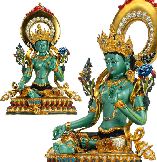 Buddha Statue Indoor, Green Tara Buda Sculpture for Home Decor, Hand-Painted Colored Buddhist Budda, Nepalese Craft Handmade Tibetan Buddhism Meditation Copper, 5.51"