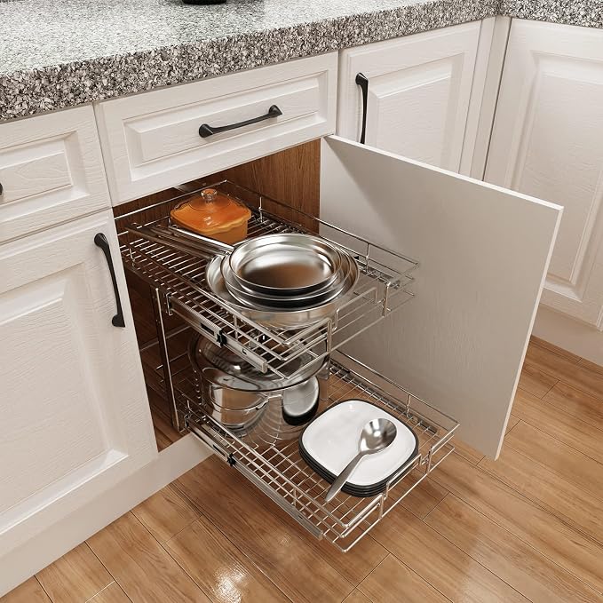 ROOMTEC Individual Pull Out Cabinet Organizer (14" W x 18" D), 2 Tier Spice Rack Organizer for Cabinet, Slide Out Drawer Pantry Shelf Organization and Storage for Kitchen Bathroom - Image 6