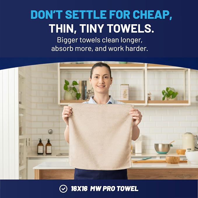 MW Pro Microfiber Cleaning Cloth | Sand | 12 Pack | 16” x 16” | All Purpose Microfiber Towels - Clean, Dust, Polish, Scrub, Absorbent - Image 3