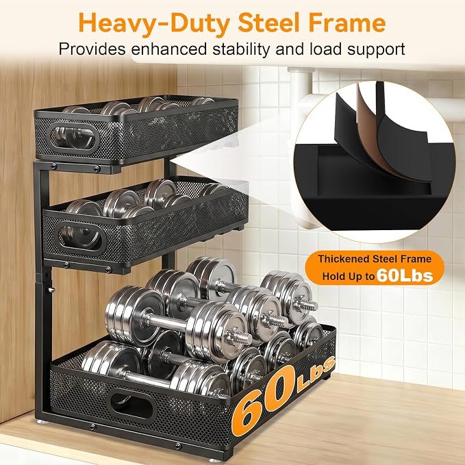 3 Tier Adjustable Under Sink Organizer for Bathroom & Kitchen(1Pack, Black) - Image 5