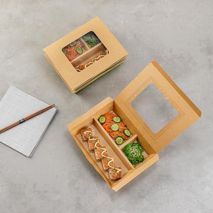 Restaurantware Paper Bento Box 100 Count 51 Ounces Paper Lunch Container Kraft Food Box, Greaseproof Disposable Three Compartment Meal Prep Box with Transparent PLA window - Image 8