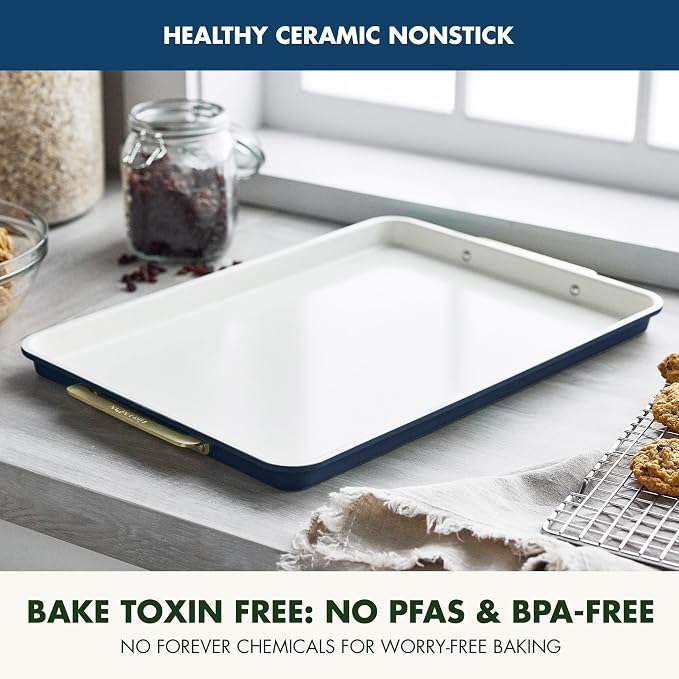GreenPan Bakeware 13"x18" Half Baking Sheet Pan, Ceramic Nonstick Baking Pan, PFAS & BPA Free, Gold Handles, Durable Steel, Versatile & Space Saving Ovenware, Freezer to Oven Dish, Oxford Blue - Image 2