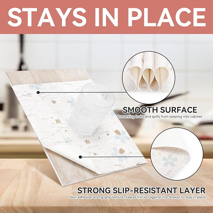 Shelf and Drawer Liner,Non-Adhesive Non Slip 12In x 5Ft Floral Beige - Image 3
