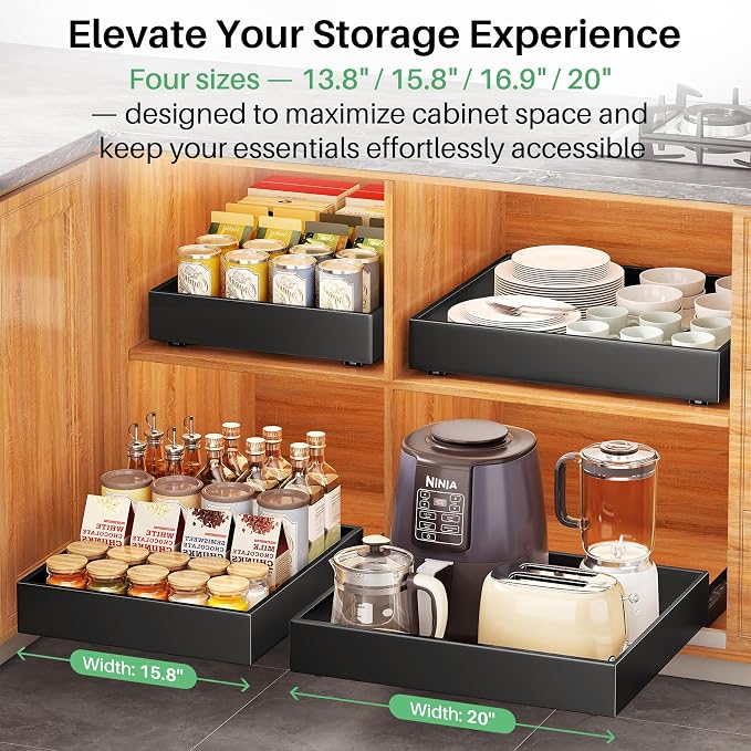 4 Pack Pull out Cabinet Organizer, 21"Deep, Heavy Duty Full-extension Slide out Drawers for Kitchen Cabinet, Roll out Shelf Storage with Nano Adhesive for Pots, Bathroom, Pantry, Home, Black - Image 6