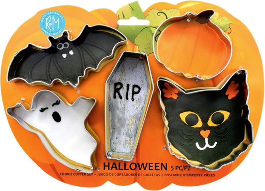 R&M Halloween Cookie Cutter 5 Piece Gift Set. Includes Bat, Ghost, Coffen, Cat and Pumpkin Cookie Cutter