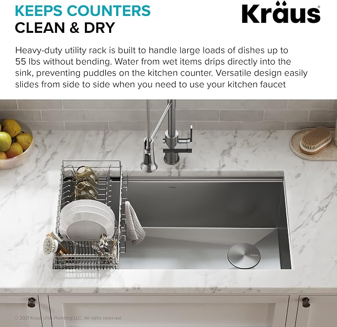 Kraus Workstation Kitchen Sink Dish Drying Rack Drainer and Utensil Holder, 17" L x 9" W, Stainless Steel, KDR-3 - Image 5