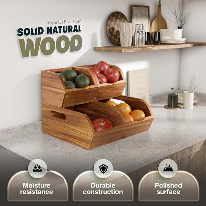 Acacia Wood Pantry Storage Bins - Stackable Open Front Kitchen Baskets | Stackable Potato And Onion Storage Bins Offer Flexible Organization, No Assembly Required And Easy Produce Access - Image 4