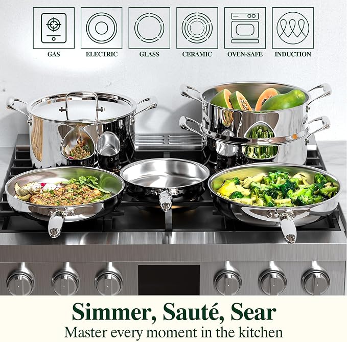 Umite Chef 17Pcs 5 Ply Clad Stainless Steel Cookware Set with Lids, Heavy Duty Pots and Pans Kitchen Set, Induction-Ready, Dual Aluminum Core for Even Heat, Cool Grip Handles, Dishwasher Safe - Image 4