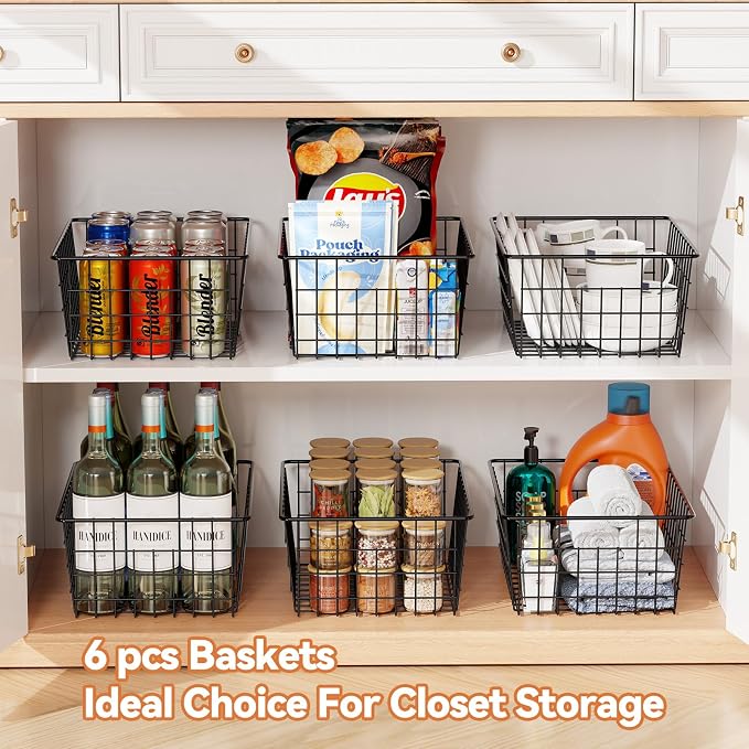 6 Pack Metal Wire Baskets, 15.4" x 11.8" Large Storage Basket for Organizing, Suitable for Kitchen Cabinet Pantry, Black - Image 2