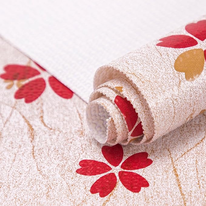 FIFTY FEET 12"x120" Non-Adhesive Shelf Liner for Kitchen Cabinets and Drawers, Washable Non-Slip PVC Cabinet Liner (Red Floral)(9 Roll) by FIFTYFEET
